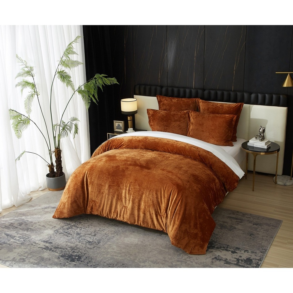 Zera Caramel Gold 100%‎ Velvet 5 piece Comforter Set Queen